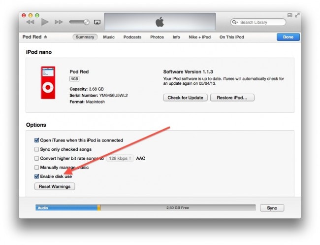 iTunesでiPodMusicを別のMP3プレーヤーに転送-ディスクモードを有効にする