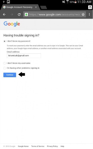 android A Google elfelejtette a pssword enter email címét