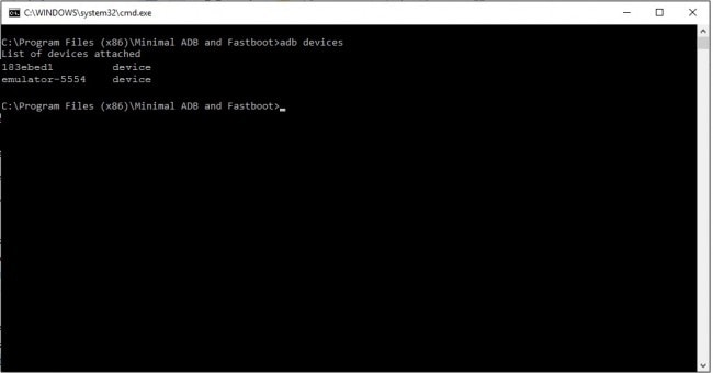 最小限のadbおよびfastbootコマンドウィンドウadbdevicesコマンド