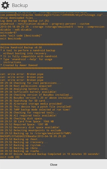 android full backup - sikkerhetskopiering fullført