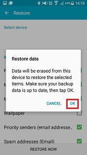 backup de conta samsung - restaurar agora