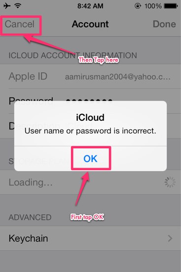 icloud felhasználónév helytelen