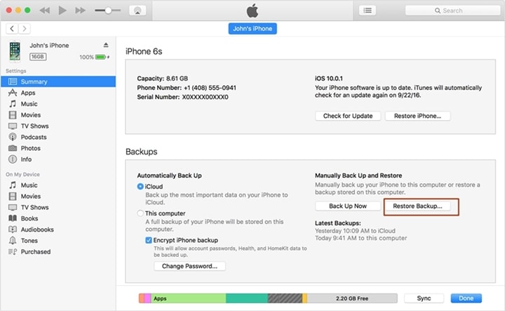 從 iTunes 備份恢復 iPhone