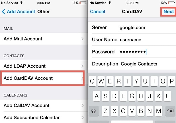 εισαγωγή λογαριασμού carddav