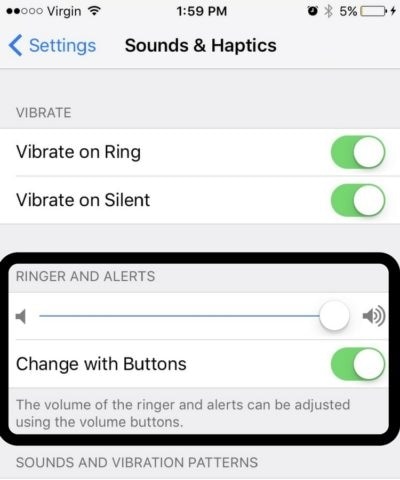 arreglar el iPhone que no suena - ajustar el volumen del iPhone en la configuración
