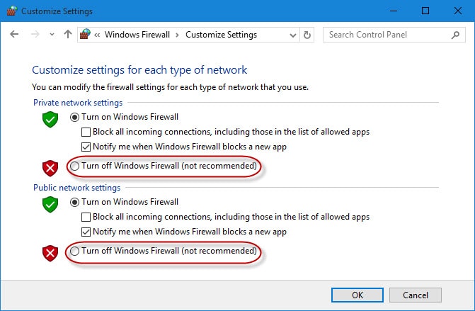 关闭 Windows 防火墙以修复 iphone 错误 1