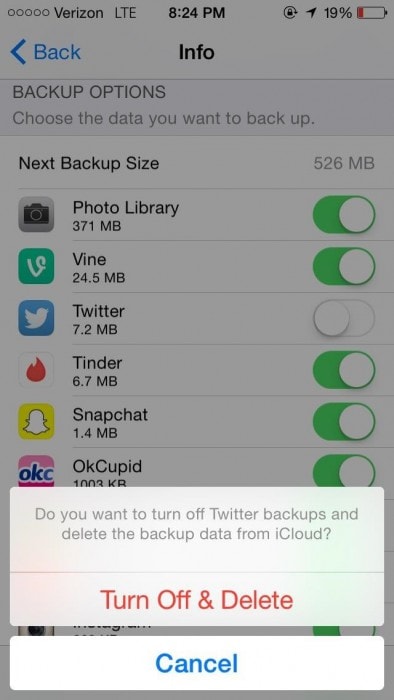 vypněte zálohování icloud pro velké aplikace