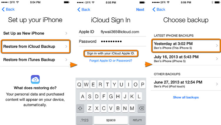 gjenopprett iphone fra icloud backup