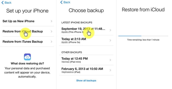 válassza a Visszaállítás az iCloud biztonsági mentésből lehetőséget