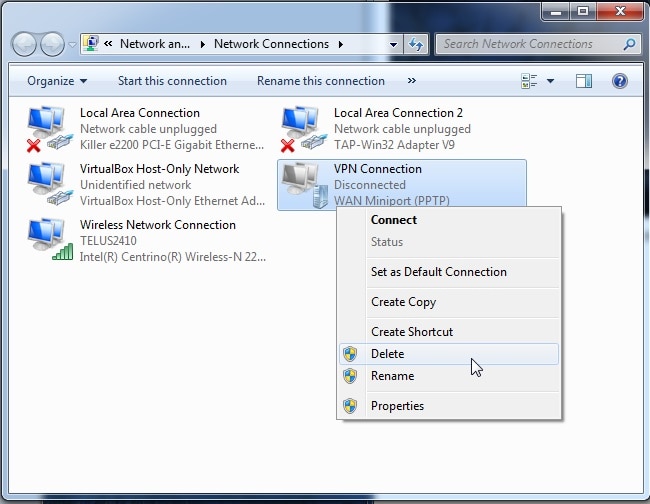 elimina la connessione VPN su Windows 7