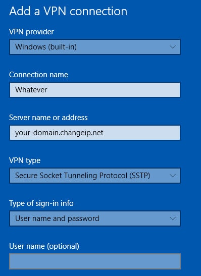 crea sstp vpn dalle impostazioni di rete di Windows