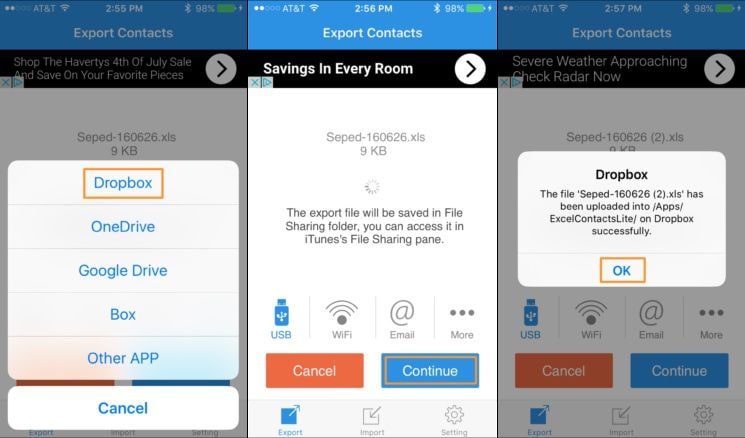 將 iphone 聯繫人 excel 文件導出到 Dropbox