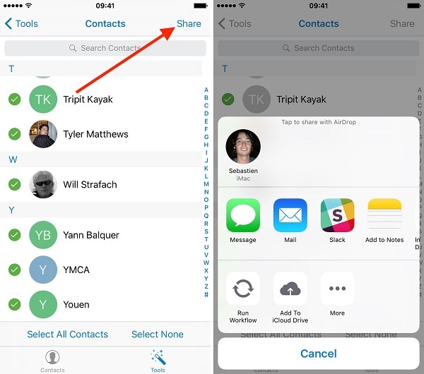 partager les contacts iphone sélectionnés
