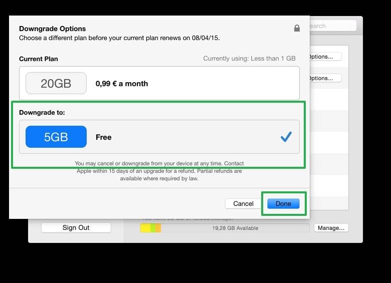 Abbrechen des iCloud-Speichers beendet