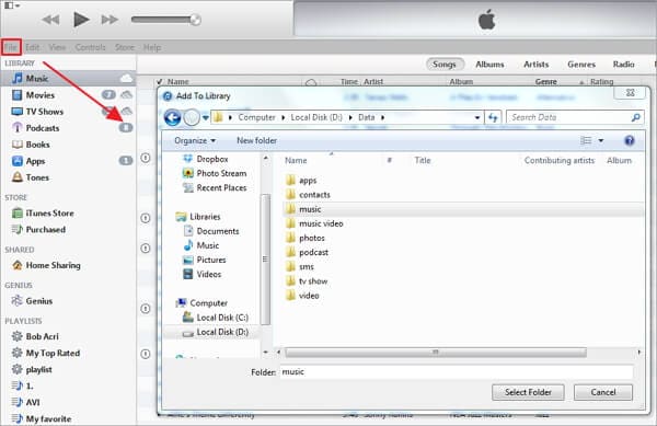 將非購買的音樂從 iPod 傳輸到 iTunes - 添加音樂文件