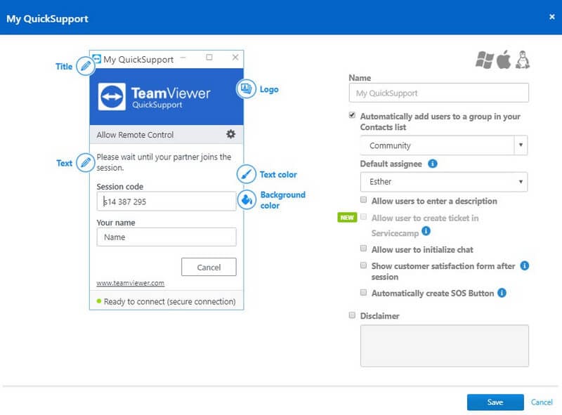 interfaz de soporte rápido de teamviewer