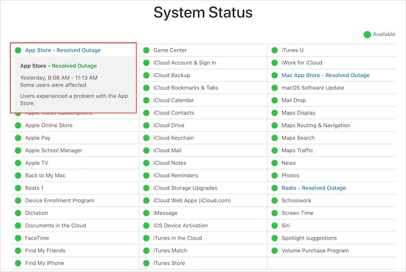 σελίδα κατάστασης συστήματος της Apple