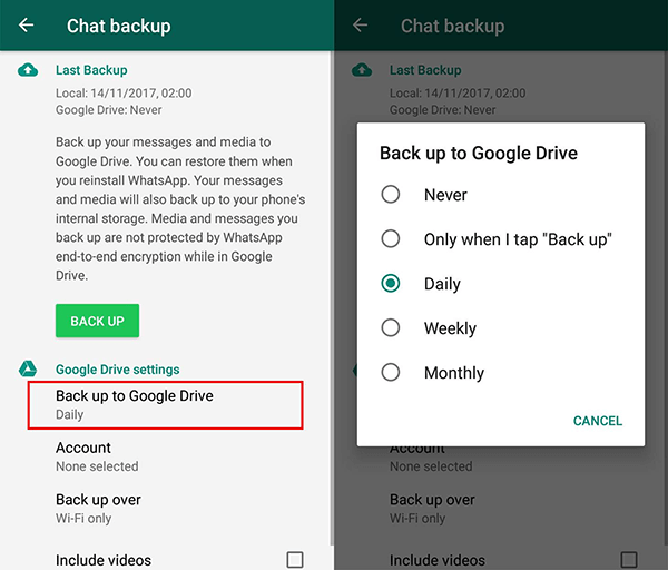 在android上啟用備份whatsapp消息