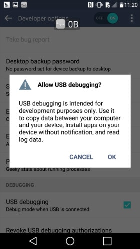habilitar a depuração usb em lg - passo 1