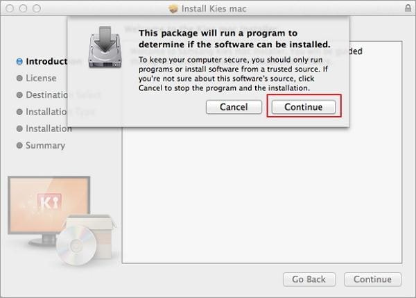 قم بتنزيل وتثبيت Kies لنظام التشغيل mac- انقر فوق kiesMac.pkg