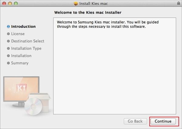قم بتنزيل وتثبيت kies لنظام التشغيل mac- انقر فوق متابعة