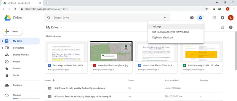 WhatsApp-Sicherungsspeicherort in Google Drive - Zahnradsymbol