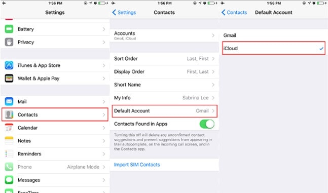 قم بتعيين icloud كحساب افتراضي لمزامنة جهات الاتصال