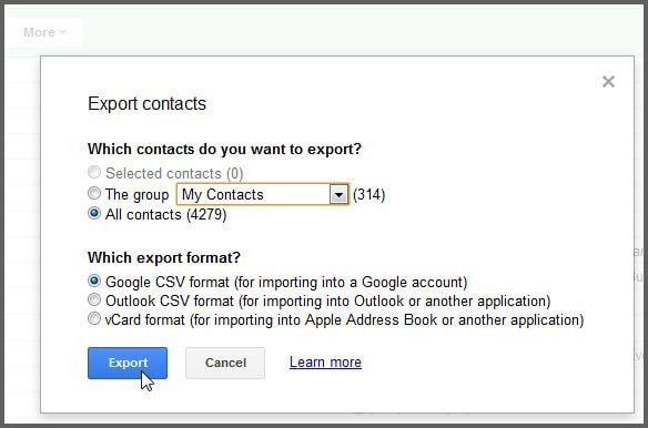 importer kontakter fra gmail til Android - vælg VCF/vCard/CSV som eksportformat