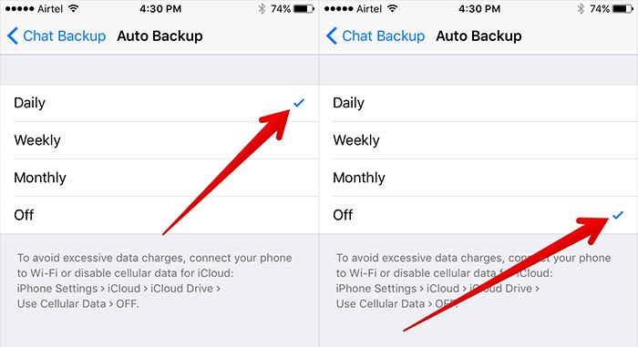 ios 12 whatsapp -ongelmat ja ratkaisut - Poista automaattinen varmuuskopiointi käytöstä
