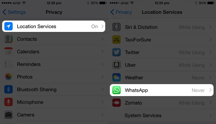 ios 12 whatsapp -ongelmat ja ratkaisut - Poista sijainnin käyttö käytöstä