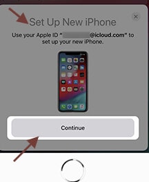 الشكل 2 ، عند ظهور جهاز iPhone جديد ، انقر فوق متابعة