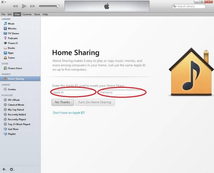 قم بإعداد itunes home sharing - أدخل معرف Apple