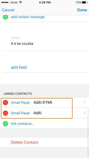 Septième étape pour fusionner manuellement les contacts en double sur iPhone