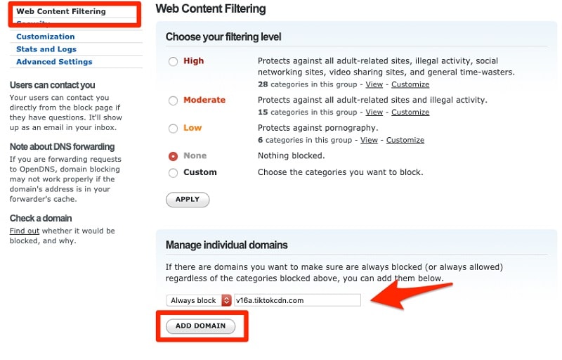 filtragem web opendns