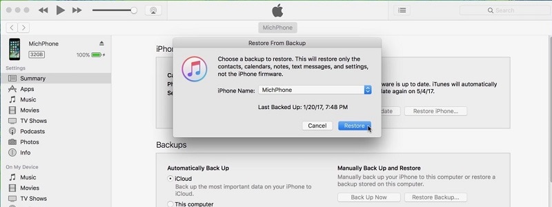 Válassza az iTunes biztonsági mentés a visszaállításhoz lehetőséget