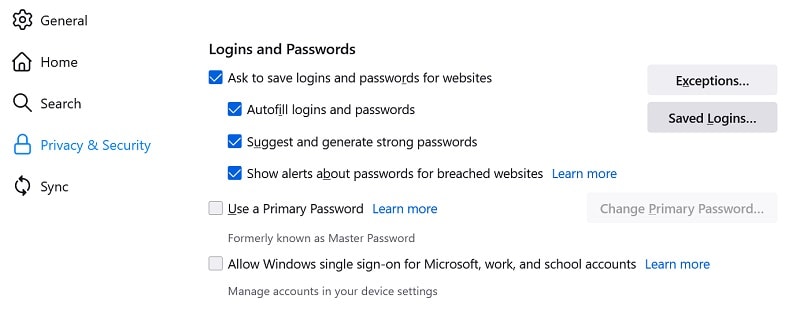 firefox heeft aanmeldingen opgeslagen