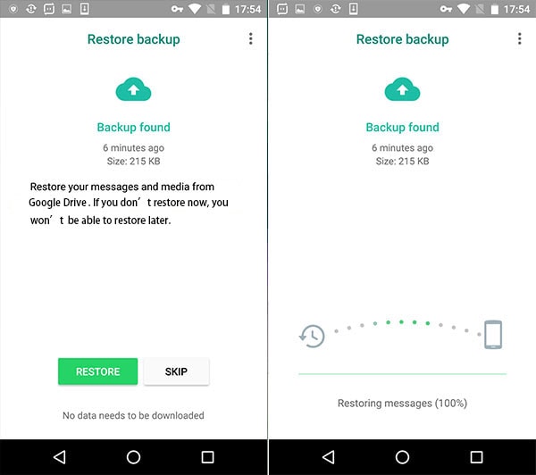 állítsa vissza a WhatsApp üzenetek biztonsági másolatát