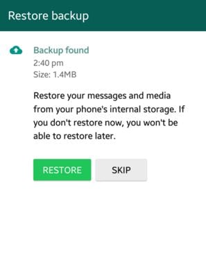 állítsa vissza a whatsappot a helyi biztonsági másolatból