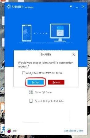 将文件从 android 传输到 pc-desktop shareit 连接