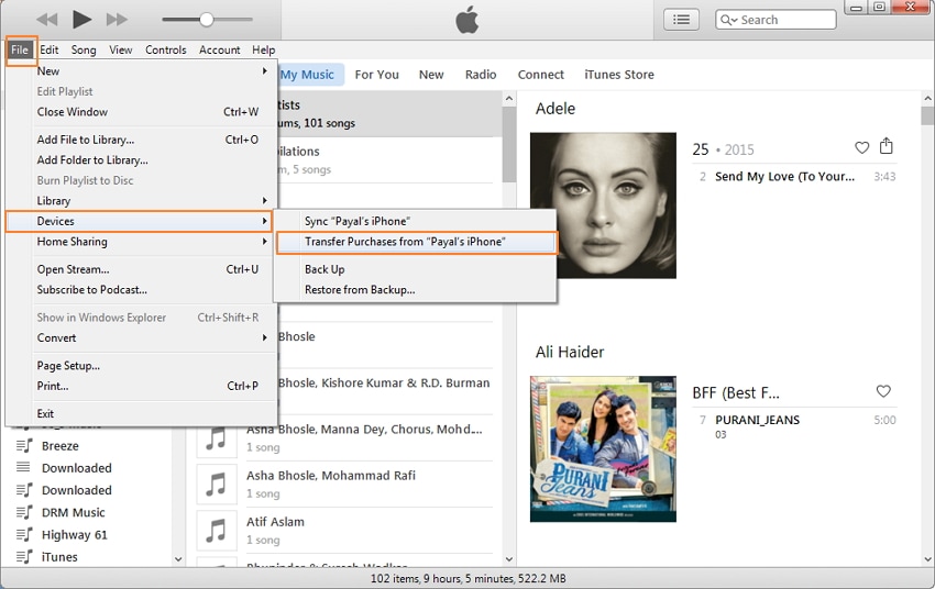iTunes를 사용하여 iPhone에서 iPhone으로 음악 전송 2단계