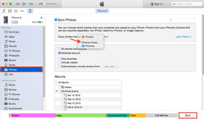 使用 iTunes 将照片从三星同步到 iPhone